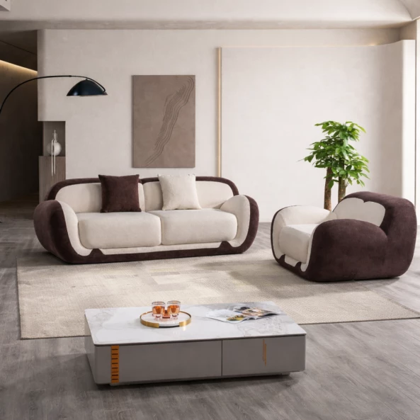 Set Canapea cu 2 locuri și Fotoliu 1 loc, spumă cu densitate W3350-alb &amp; maro