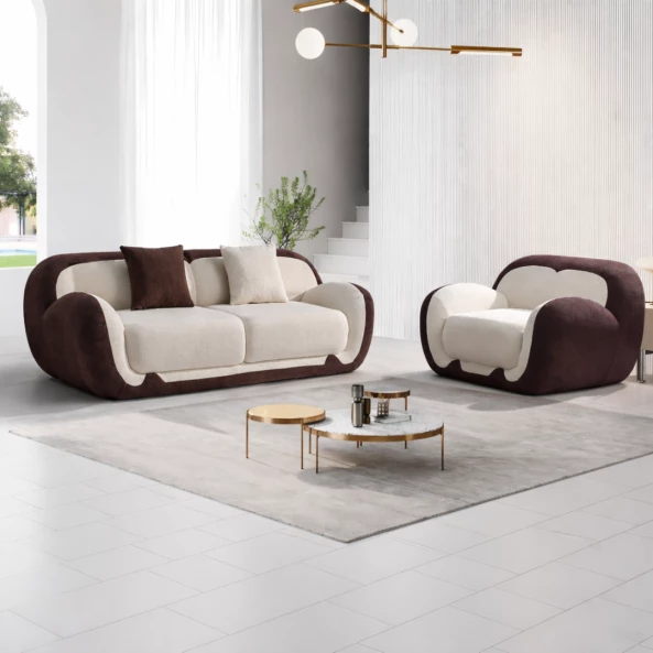 Set Canapea cu 2 locuri și Fotoliu 1 loc, spumă cu densitate W3350-alb &amp; maro