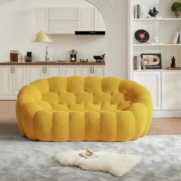 Canapea -2 locuri cu compresie, material textil, Galbenă