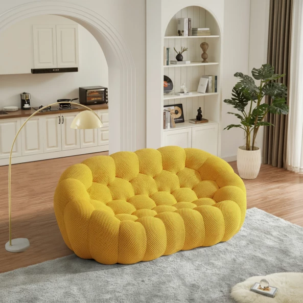 Canapea -2 locuri cu compresie, material textil, Galbenă