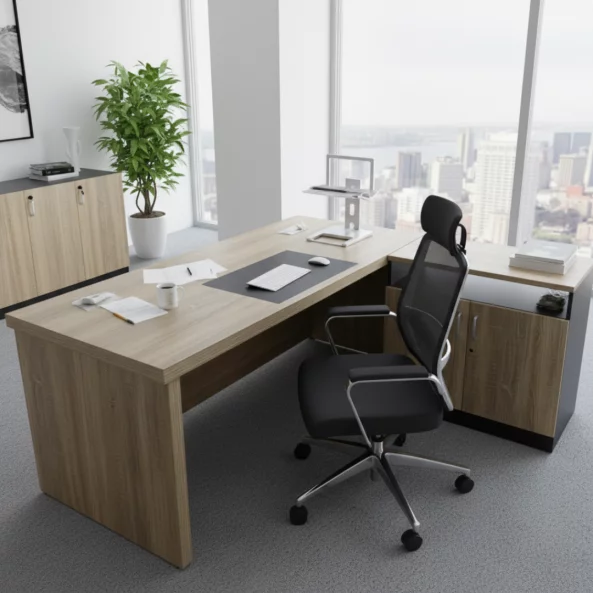 Мениджърско бюро SMART HEATER със страничен шкаф и плот 50 мм – Светъл дъб