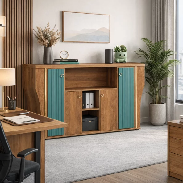 Dulap depozitare SMART HEATER -placă melaminată cu finisaj PU verde &amp; lemn natur