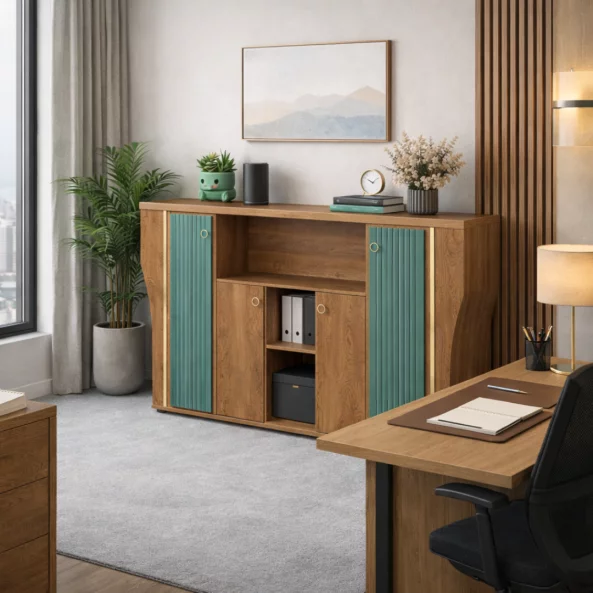 Dulap depozitare SMART HEATER -placă melaminată cu finisaj PU verde &amp; lemn natur