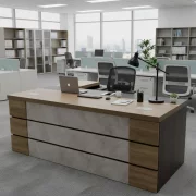 Мениджърско бюро SMART HEATER с подвижен страничен шкаф, светлосива меламинова рамка с дърво