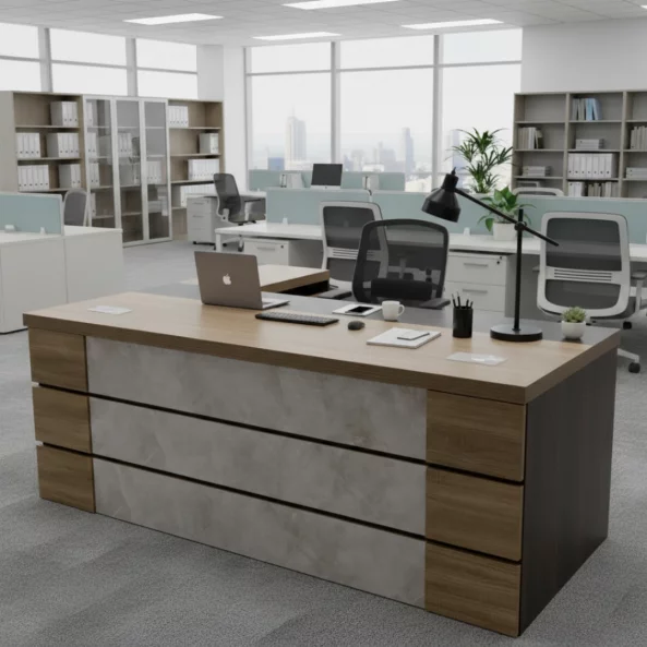 Мениджърско бюро SMART HEATER с подвижен страничен шкаф, светлосива меламинова рамка с дърво