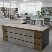 Мениджърско бюро SMART HEATER с подвижен страничен шкаф, светлосива меламинова рамка с дърво