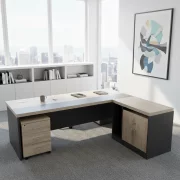 Мениджърско бюро SMART HEATER с подвижен страничен шкаф, светлосива меламинова рамка с дърво