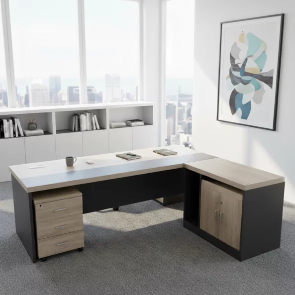 Мениджърско бюро SMART HEATER с подвижен страничен шкаф, светлосива меламинова рамка с дърво