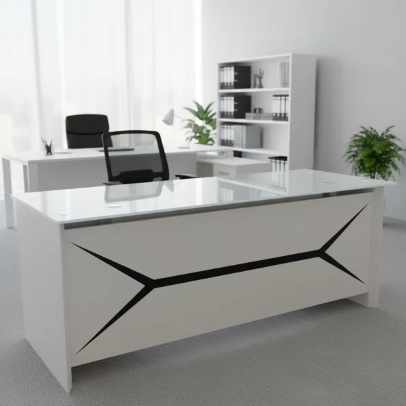 Мениджърско бюро SMART HEATER – метална конструкция и плот от закалено стъкло, super white