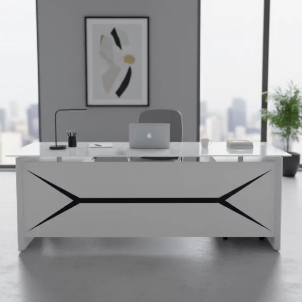 Мениджърско бюро SMART HEATER – метална конструкция и плот от закалено стъкло, super white