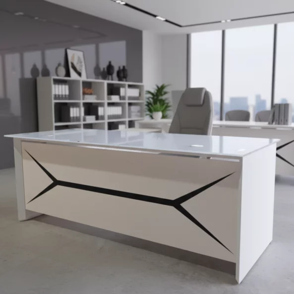 Мениджърско бюро SMART HEATER – метална конструкция и плот от закалено стъкло, super white