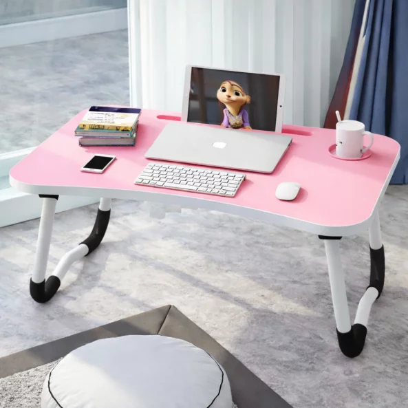 Masă pliabilă pentru laptop, 60x40x28cm, roz – Design modern din MDF și metal-PRODUS RESIGILAT!