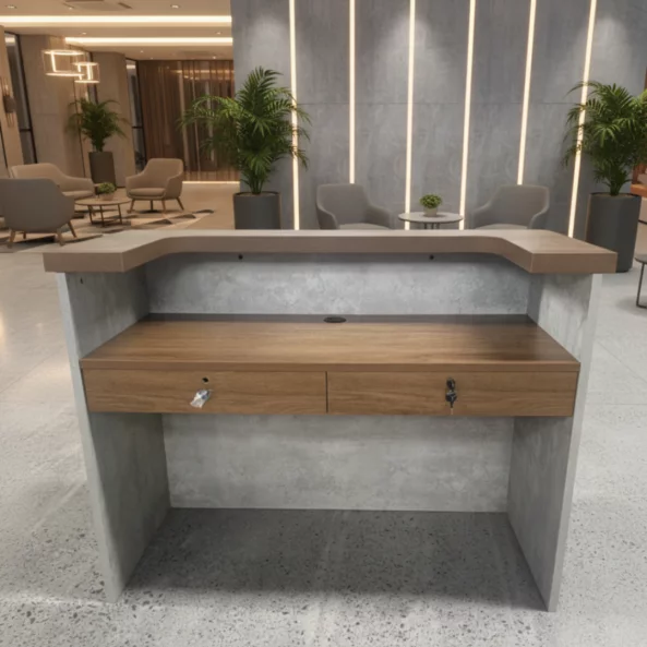 Рецепционно бюро SMART HEATER с висящи чекмеджета W1400D600H1050 – натурален дъб &amp; сиво