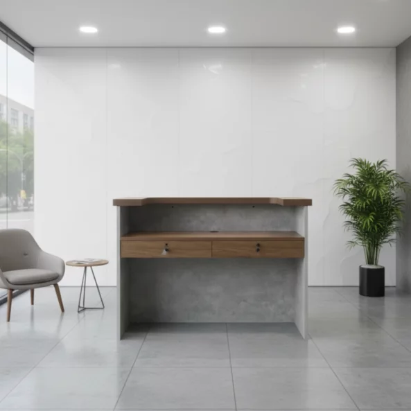 Рецепционно бюро SMART HEATER с висящи чекмеджета W1400D600H1050 – натурален дъб &amp; сиво