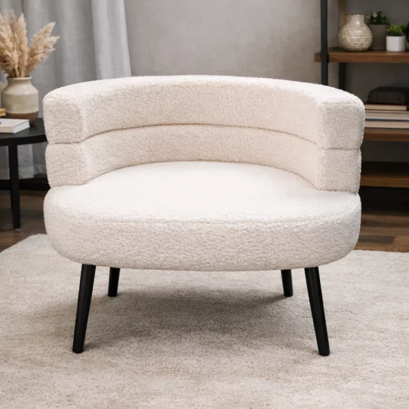 Fotoliu Modern Boucle Alb – Design Elegant cu Spatar Curbat