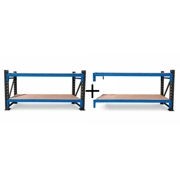 Extensión para banco de trabajo industrial con contrachapado L2000 x P600 x H1000mm - 1000kg/nivel GRIS Y AZUL