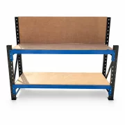 Mesa de trabajo industrial con panel de contrachapado L2000 x D600 x H1000/1500 mm – 1000 kg/nivel, GRIS Y AZUL