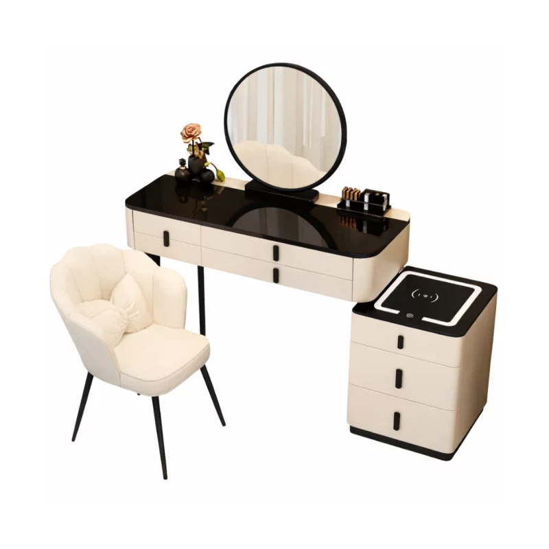 Măsuță de machiaj MARIPOSA smart &ndash; cu oglindă rotundă și blat din sticlă securizată 80x40x120 cm PRODUS RESIGILAT