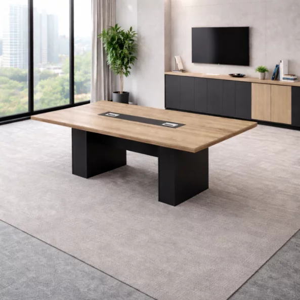 Masa conferință 21-MM07 – 2000x1000 mm, blat melaminat E1, 50 mm – lemn natural și gri antracit