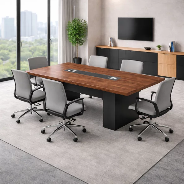 Masa de conferinta 21-MM30, 200x100 cm, Blat 50 mm, PAL Melaminat E1, 110-30- lemn natural și gri antracit