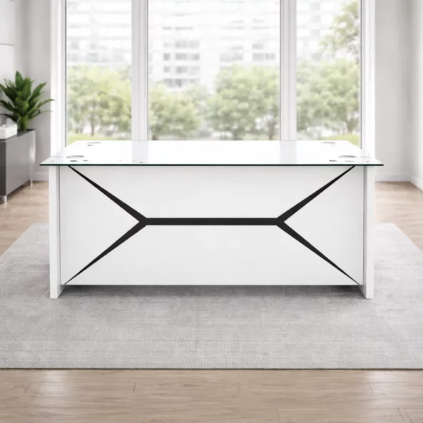 Birou managerial Iluma , structura metalica si blat sticla securizata, dimensiuni W1600 × D800 × H750 mm, White