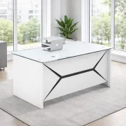 Birou managerial Iluma , structura metalica si blat sticla securizata, dimensiuni W1600 × D800 × H750 mm, White