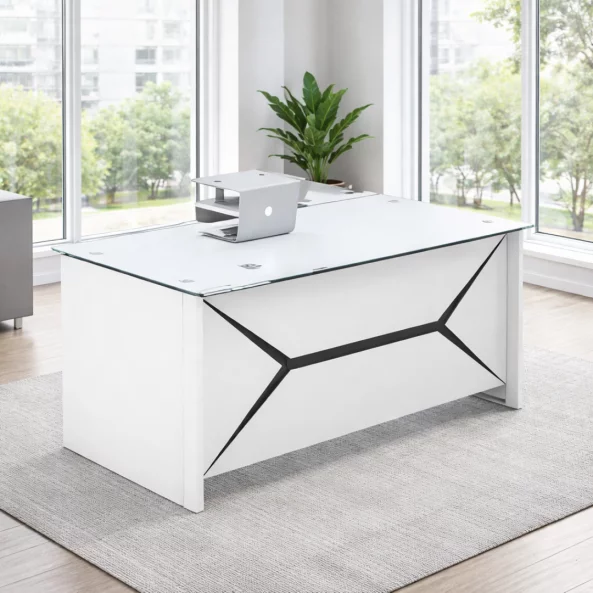 Birou managerial Iluma , structura metalica si blat sticla securizata, dimensiuni W1600 × D800 × H750 mm, White