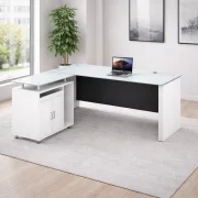 Birou managerial Iluma , structura metalica si blat sticla securizata, dimensiuni W1600 × D800 × H750 mm, White