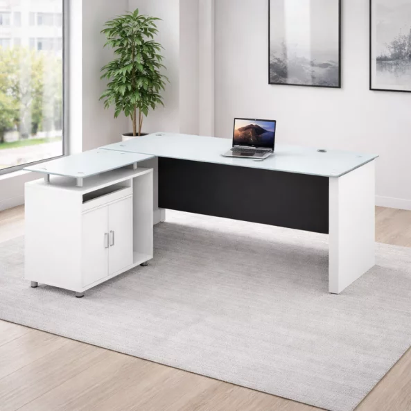 Birou managerial Iluma , structura metalica si blat sticla securizata, dimensiuni W1600 × D800 × H750 mm, White