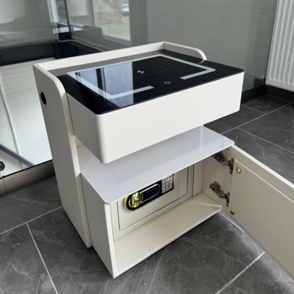 Mesita de noche inteligente con carga inalámbrica de 15W, iluminación LED con 3 colores, caja fuerte integrada y luz nocturna con sensor – color blanco