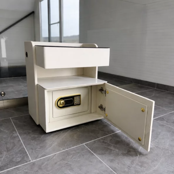 Mesita de noche inteligente con carga inalámbrica de 15W, iluminación LED con 3 colores, caja fuerte integrada y luz nocturna con sensor – color blanco