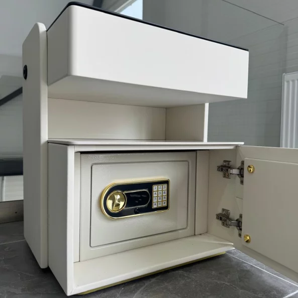 Mesita de noche inteligente con carga inalámbrica de 15W, iluminación LED con 3 colores, caja fuerte integrada y luz nocturna con sensor – color blanco