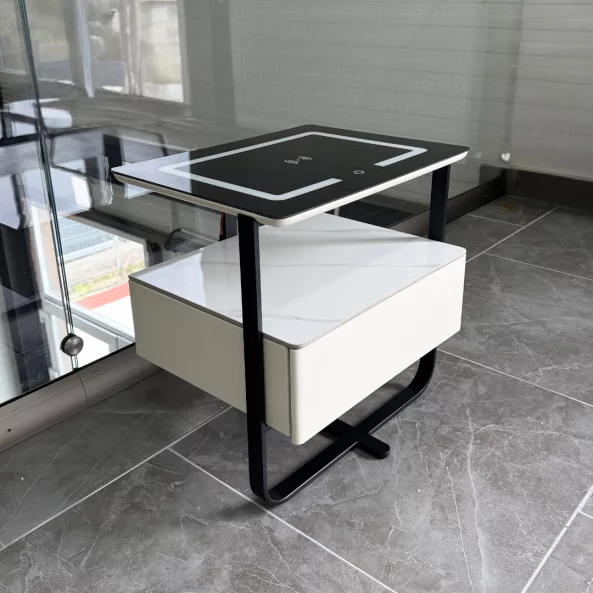 Mesita de noche inteligente con carga inalámbrica, LED y 1 cajón de almacenamiento-color blanco