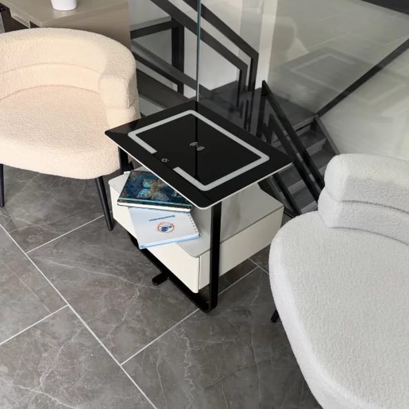 Mesita de noche inteligente con carga inalámbrica, LED y 1 cajón de almacenamiento-color blanco