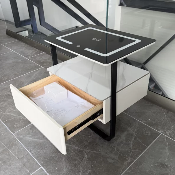 Mesita de noche inteligente con carga inalámbrica, LED y 1 cajón de almacenamiento-color blanco
