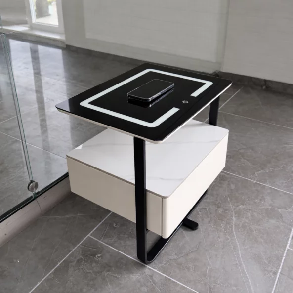Mesita de noche inteligente con carga inalámbrica, LED y 1 cajón de almacenamiento-color blanco