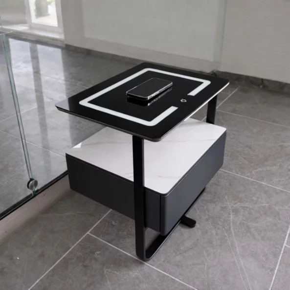 Mesita de noche inteligente con carga inalámbrica, LED y 1 cajón de almacenamiento – color gris antracita