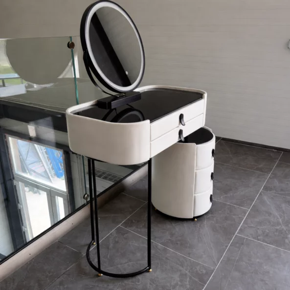 Tocador BELLA – con espejo redondo y encimera de vidrio templado, 80x40x120 cm