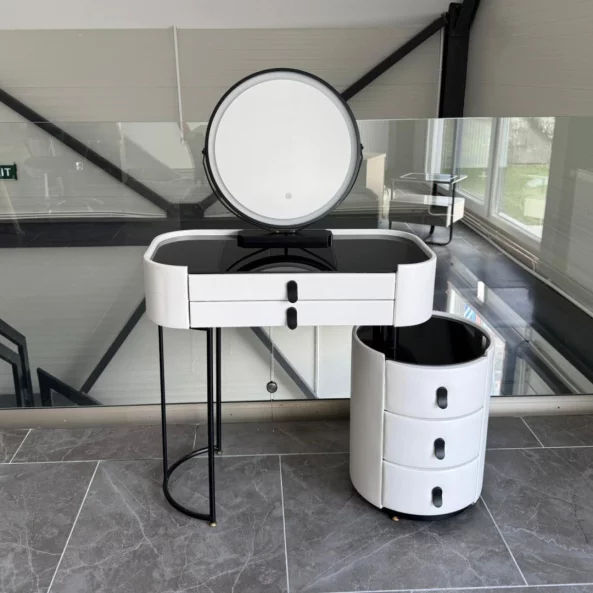 Tocador BELLA – con espejo redondo y encimera de vidrio templado, 80x40x120 cm