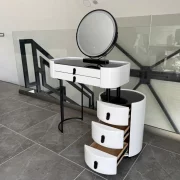 Tocador BELLA – con espejo redondo y encimera de vidrio templado, 80x40x120 cm