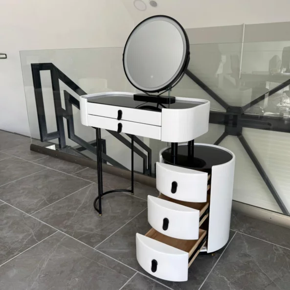 Tocador BELLA – con espejo redondo y encimera de vidrio templado, 80x40x120 cm