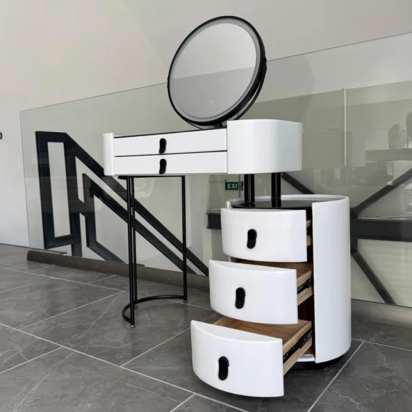 Tocador BELLA – con espejo redondo y encimera de vidrio templado, 80x40x120 cm