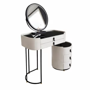 BELLA sminkasztal – kerek tükörrel és edzett üveg asztallappal, 80x40x120 cm