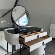 Tocador BELLA – con espejo redondo y encimera de vidrio templado, 80x40x120 cm
