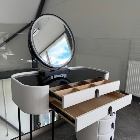 Tocador BELLA – con espejo redondo y encimera de vidrio templado, 80x40x120 cm