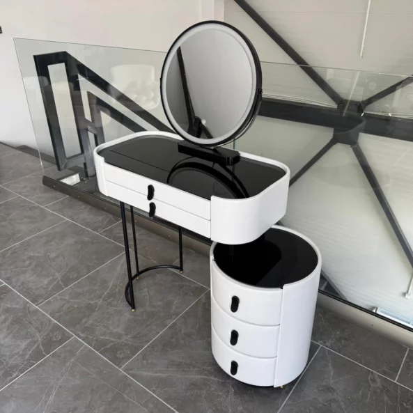 Tocador BELLA – con espejo redondo y encimera de vidrio templado, 80x40x120 cm