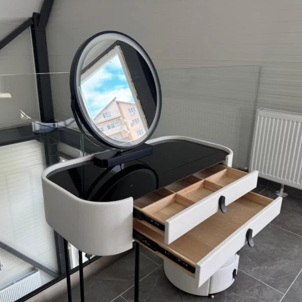 Tocador BELLA – con espejo redondo y encimera de vidrio templado, 80x40x120 cm