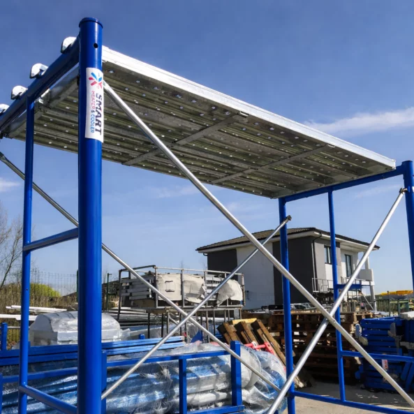 Andamio móvil – azul – de acero, H5100 × L1800 × W1219 mm, con 6 juegos de diagonales y 3 plataformas