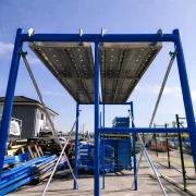 Andamio móvil – azul – de acero, H5100 × L1800 × W1219 mm, con 6 juegos de diagonales y 3 plataformas