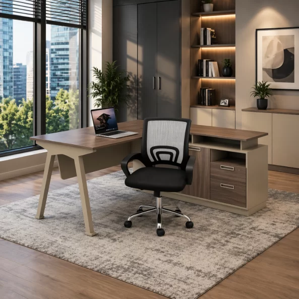 Set birou cu dulap lateral mobil si scaun ergonomic cu spatar mesh - 1600*800*750